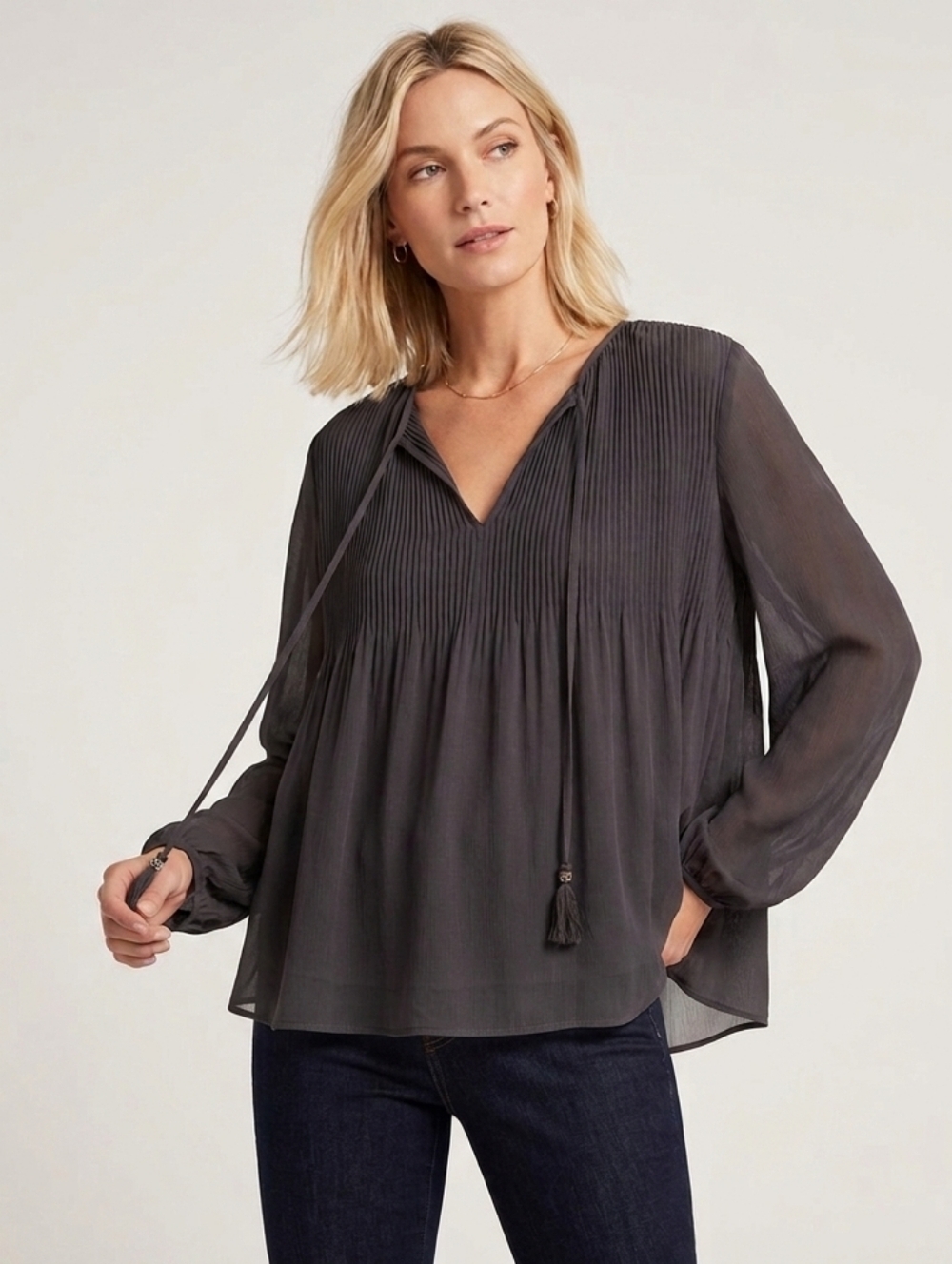 Daniel Rainn Oversized Flowy Black Boho Babydoll Sheer Long Sleeve Blouse L